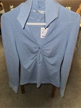 NWT Zara Blue Metallic Silver Sparkle Ruched Keyhole Top Blouse - S